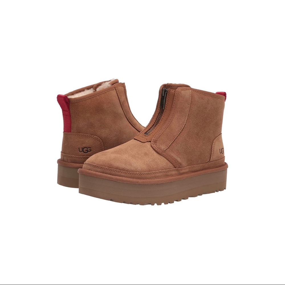 UGG Chestnut Suede Platform Zip Ankle Slippers with Red Accent